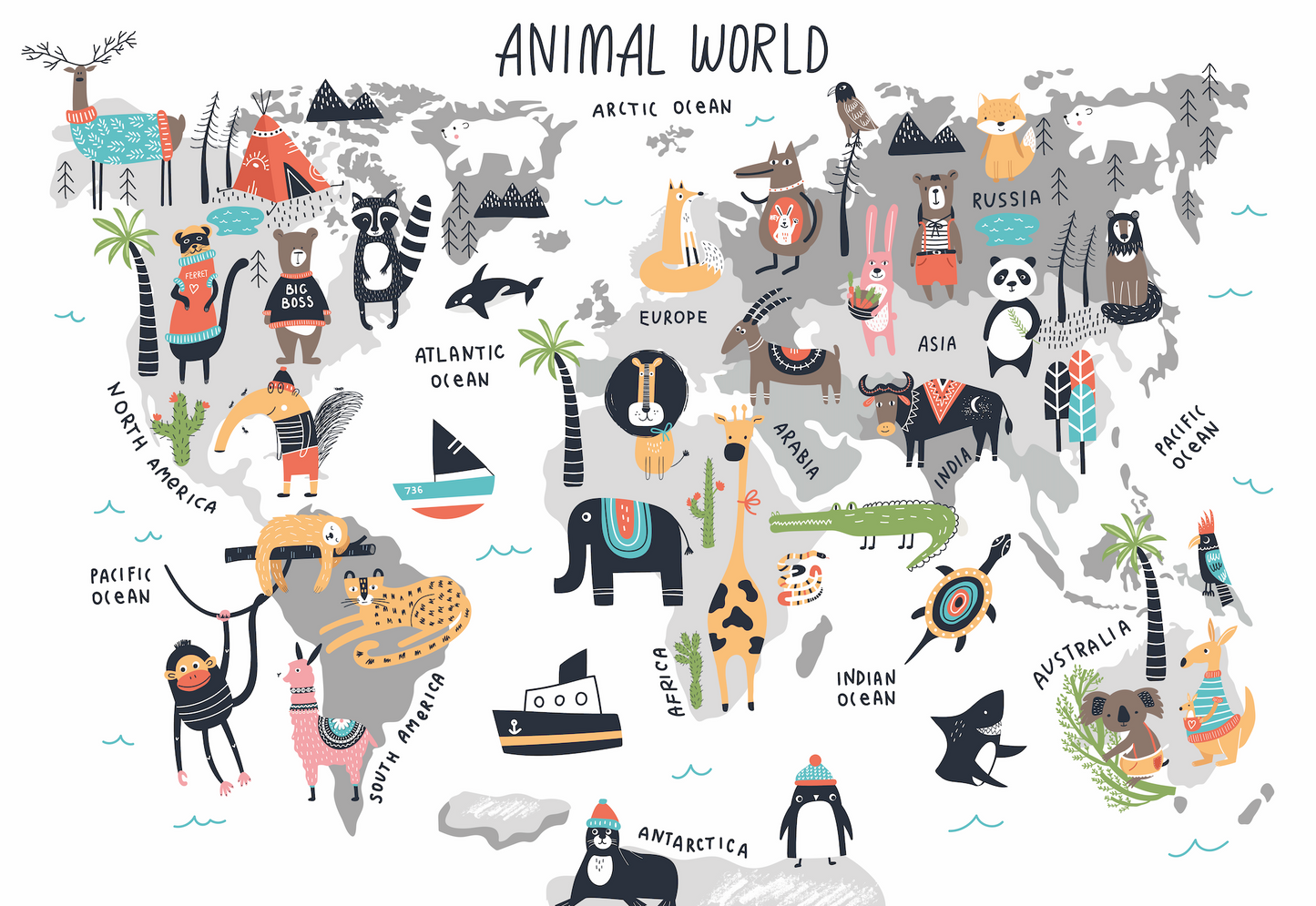 Mapa mundi animales en color