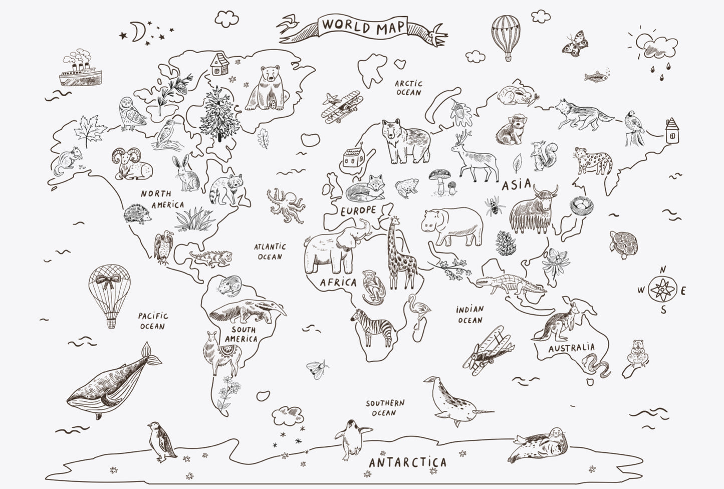 Mapa mundi dibujo B/N