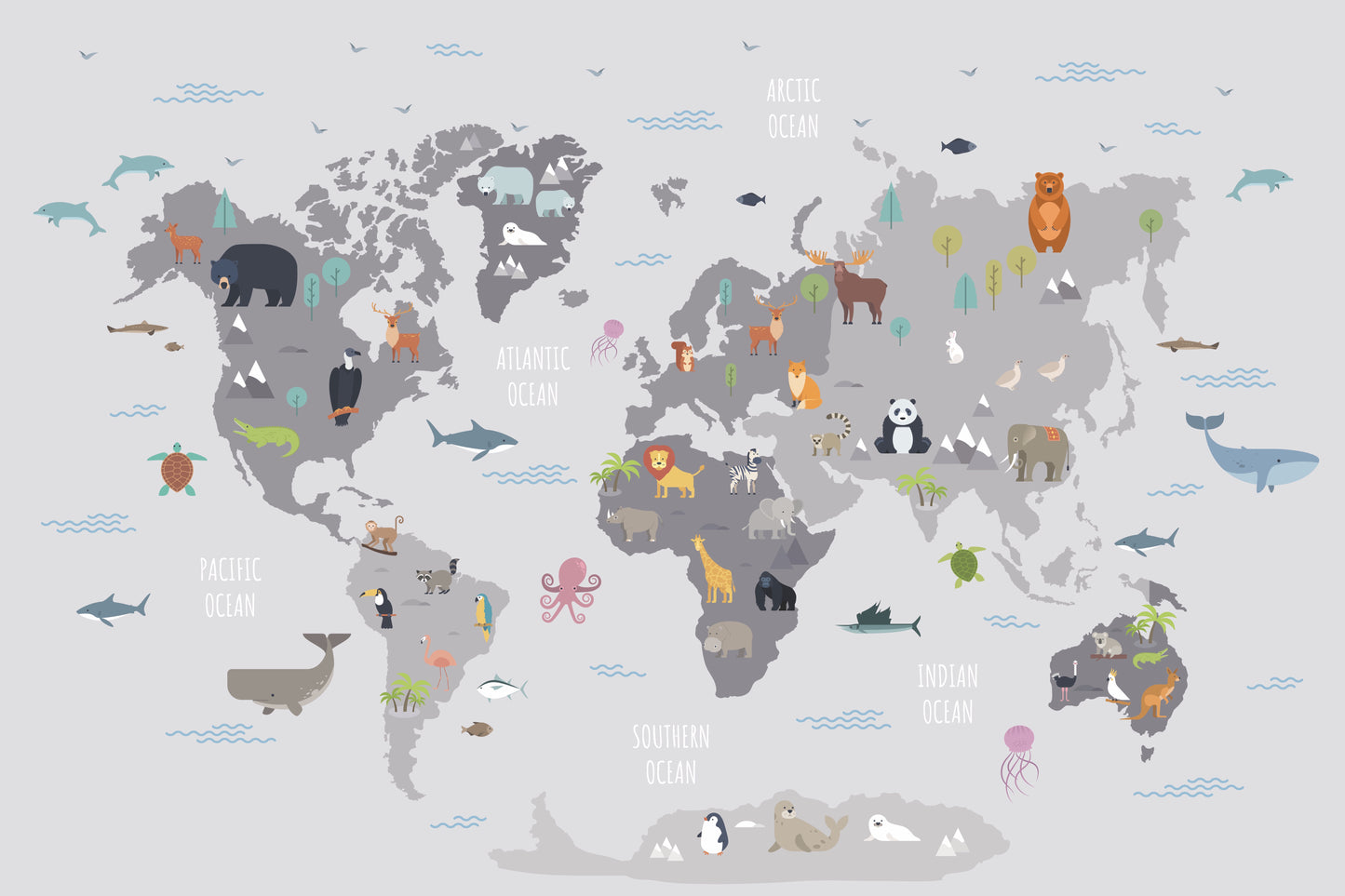 Mapa mundi océanos y animales